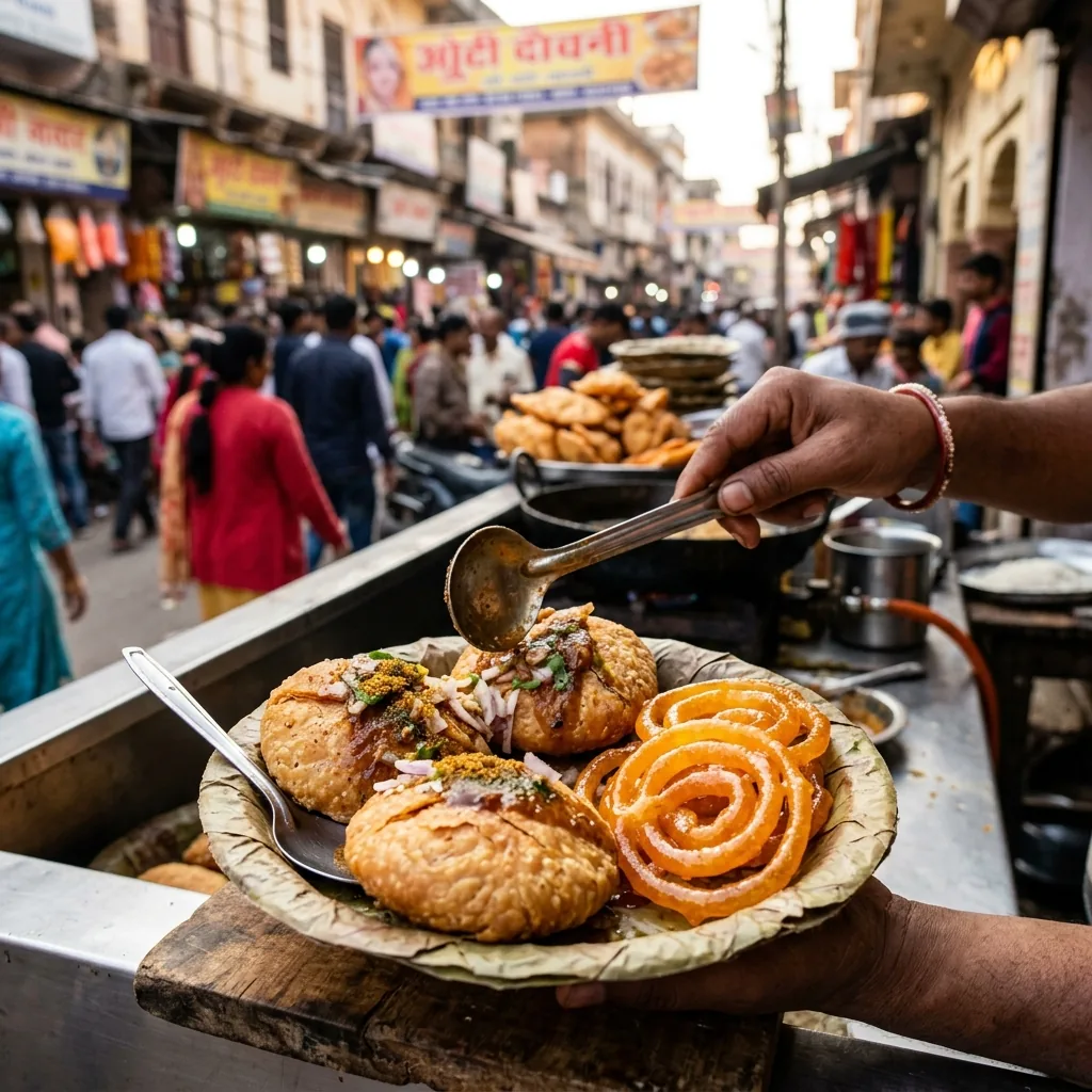 Traditional Ayodhya street food — kachori and chaat at a local market stall near Ram Mandir