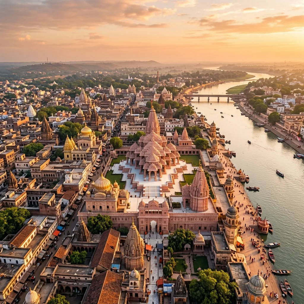 Aerial view of Ram Janmabhoomi Mandir and Ayodhya cityscape with the Sarayu river