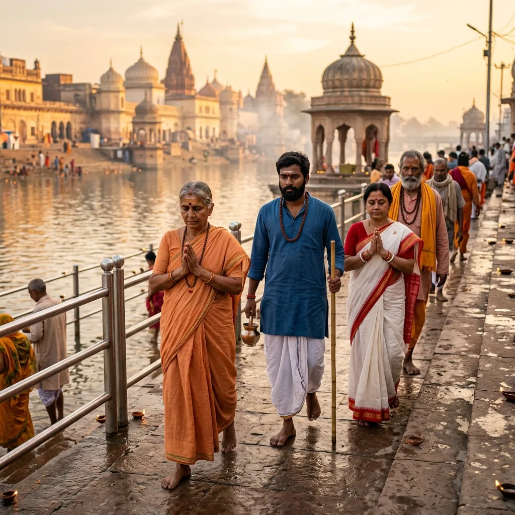 Pilgrims walking towards Ram Janmabhoomi Mandir at sunrise in Ayodhya