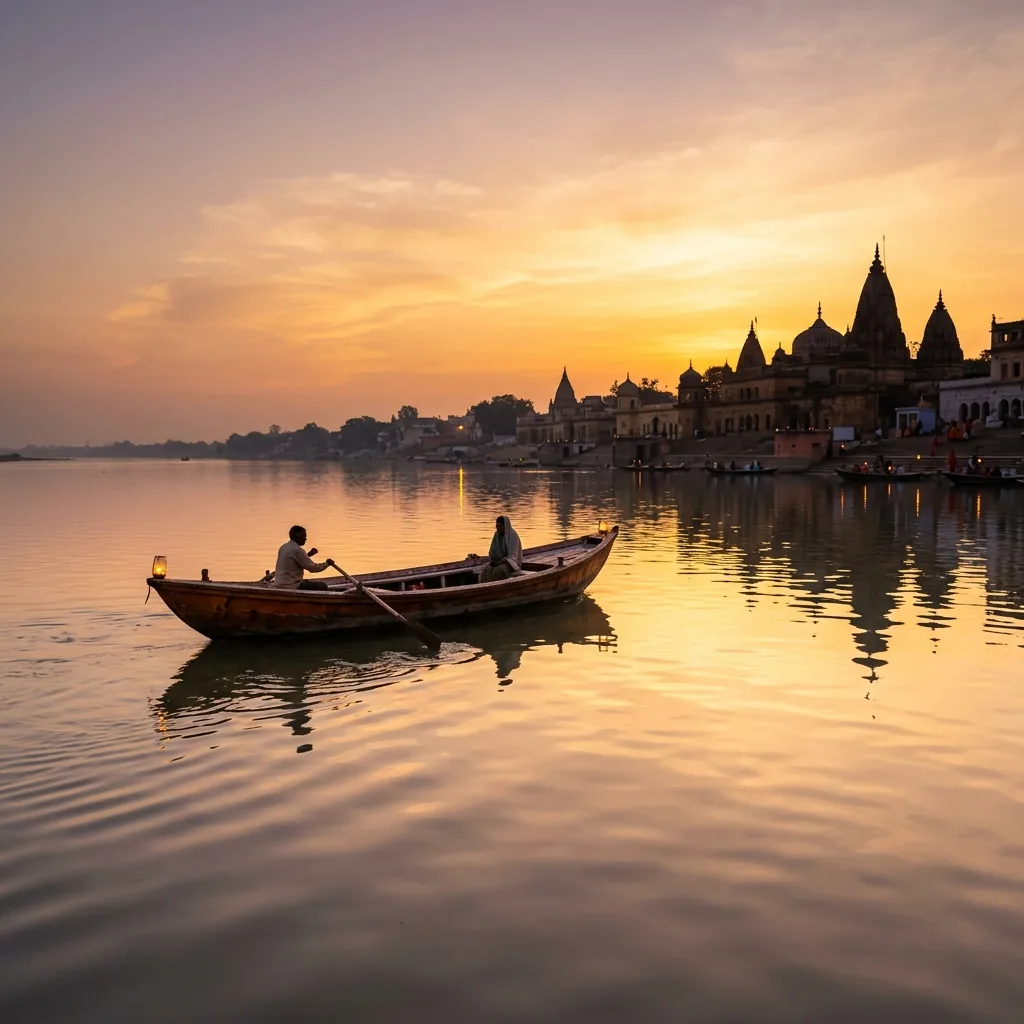 Sunrise aarti at Sarayu Ghat in Ayodhya with golden light and devotees